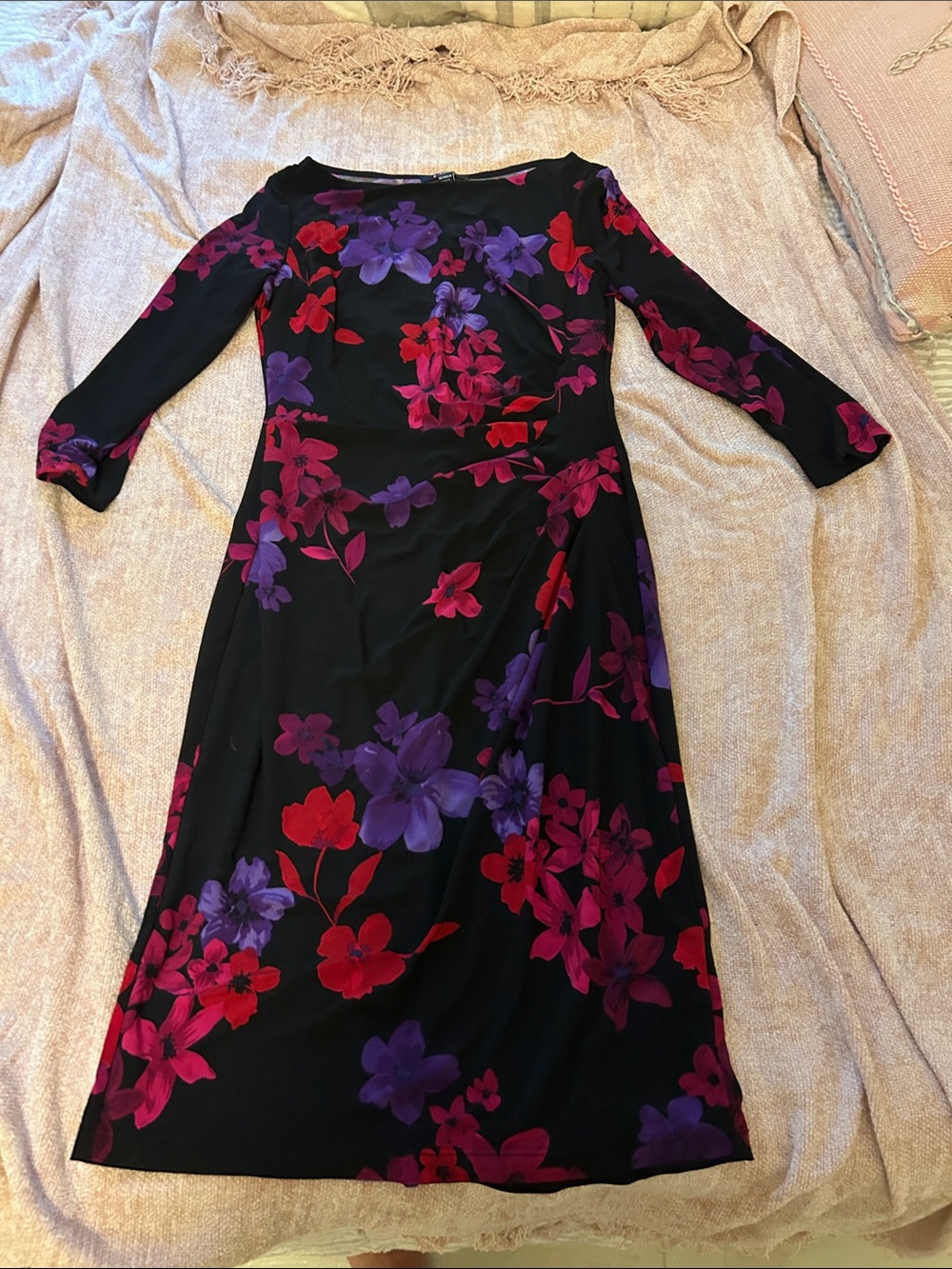 Chaps Black Long Sleeve Midi Dress with Red & Purple Floral Print